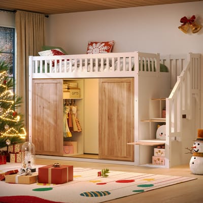 KOMHTOM Kinderbed (90 x 200 cm), hoogslaper, multifunctioneel kinderbed met kledingkast en trapkast, kleurrijke lichtstrip, zonder matras, kleur wit en eikenhout