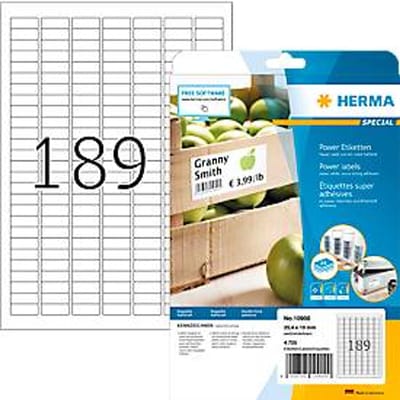 Power-etiketten HERMA 10900, 25,4 x 10 mm, 4725 etiketten / 25 A4-vellen, zelfklevend, sterk klevend, wit
