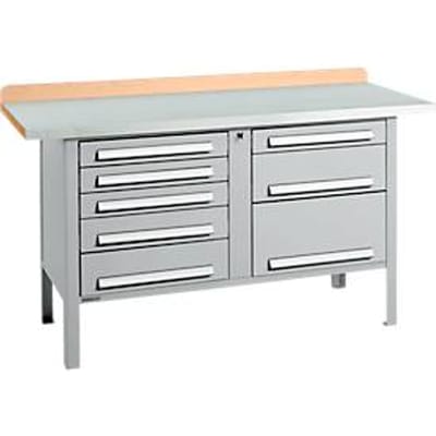Box-type werkbank Schäfer Shop Select PWi 150-8, beuken multiplex blad, met stalen afdekking, tot 750 kg, B 1500 x D 700 x H 840 mm, blank aluminium