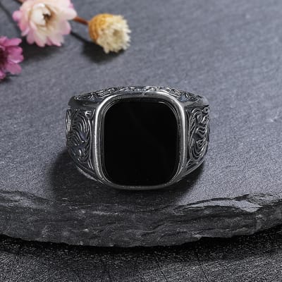 Bague Homme Onyx Noir, Pierre Carrée 12x14mm Sculptée Vintage Bande de Cuivre, Bijou Statement Gothique Audacieux Cadeau pour Lui 8 black