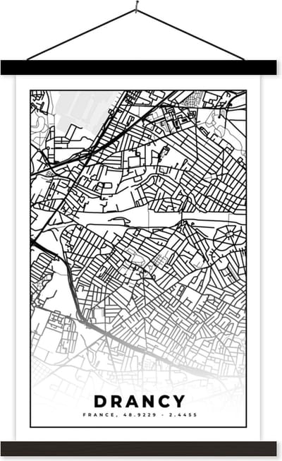 Posterhanger incl. Poster 40x60 cm - Schoolplaat - Kaart - Plattegrond - Drancy - Frankrijk - Stadskaart - Zwart wit - Textielposter - Zwarte latten - Stadskaart
