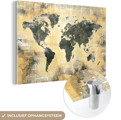 ® Glasschilderij 120x80 cm - Schilderij acrylglas - Wereldkaart - Grijs - Krant - Foto op glas - Muurdecoratie woonkamer - Wanddecoratie slaapkamer - Schilderijen