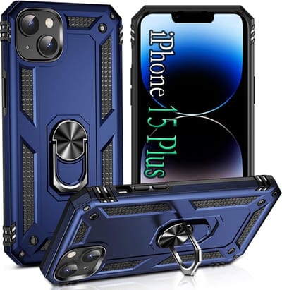Casemania Hoesje Geschikt voor Apple iPhone 15 Plus - Blauw - Anti-Shock Hybrid Armor Back Cover - Hoes met Kickstand Ring
