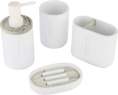 Badkamerset 4 Delig - Toilet accessoires Set - Kunsstof - Zeeppompje - Tandenborstelhouder - Zeepschaal - Beker - Wit