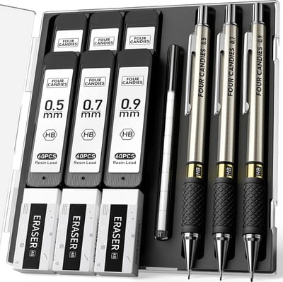 PromoHome Complete Tekenset met 3 Mechanische Potloden 3 kunstenaarsstiften 0,5, 0,7 en 0,9 mm, 360 HB-vullingen, 3 gummen en 9 gummen
