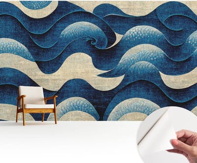 Wallfluent Zelfklevend Behang - Blauwe golven Zelfklevend fotobehang - 416x254 cm - Marine Zelfklevend Behang - Peel-and-stick techniek - Voor de woonkamer, slaapkamer en kantoor Zelfklevend Behang