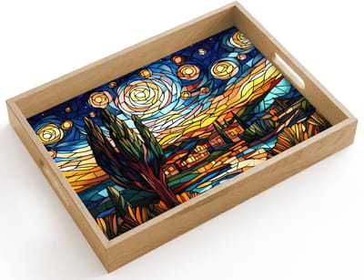 Dienblad hout 40x30 cm - Schootdienblad - Hemel - Sterren - Mozaïek - Huizen - Borrelplank rechthoek - Plateau dienbladen