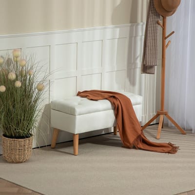 MODFU - Opbergbank - Geknoopte Bekleding - Fluweellook - Voor Slaapkamer Of Hal - Polyester En Houten Poten - Wit - 80 X 35 X 40 Cm