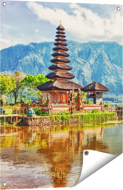 Gards Tuinposter Pura Tempel in Bali op het meer Beratan - 60x80 cm - Tuindoek - Tuindecoratie - Wanddecoratie buiten - Tuinschilderij