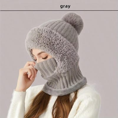 Bonnet Tricot Laine Doublé Thermique WarmthMax - Coupe-vent, Isolation Thermique, Protection Oreilles, Cache-cou à Capuche, Respirant, Évacuation de l'Humidité gris