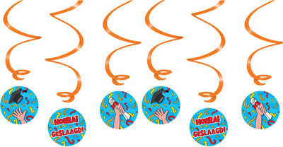 Geslaagd thema party hangdecoraties - plastic - blauw/rood - set van 6x stuks - 14 cm - Hoera geslaagd