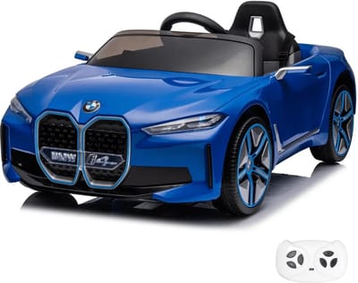 BMW i4 Full Option Elektrische Kinderauto 1 tot 6 jaar – Officieel Gelicentieerd Accuvoertuig met Lederen Zitje, Schokdempers & Bluetooth – 12V Kinderauto met Afstandsbediening, Werkende Deuren & Soft-Start – Blauw
