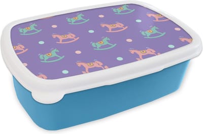 Broodtrommel Blauw - Lunchbox - Brooddoos - Hobbelpaard - Patronen - Geboorte - 18x12x6 cm - Kinderen - Jongen