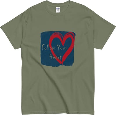 Inspirerend T-shirt met tekst: Volg Je Hart - Dames & Heren - Grunge Design - Khaki Groen - S