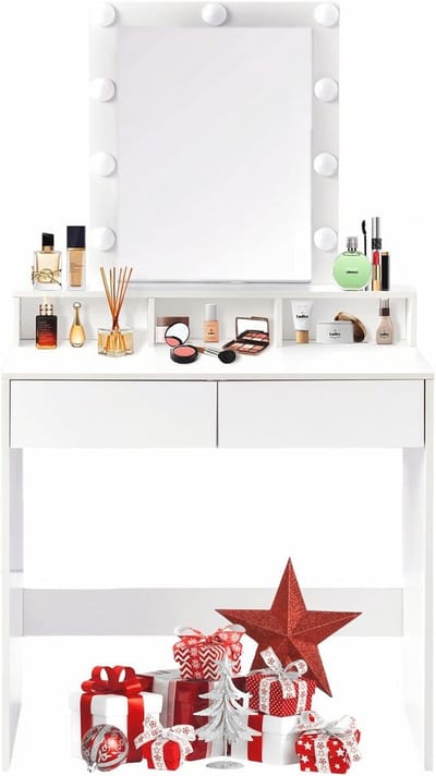 Make-up tafel met Spiegel en LED Verlichting, Verstelbare Helderheid, Cosmeticatafel met 3 Open Compartimenten en 2 Lades, 85 x 40 x 142 cm, Wit