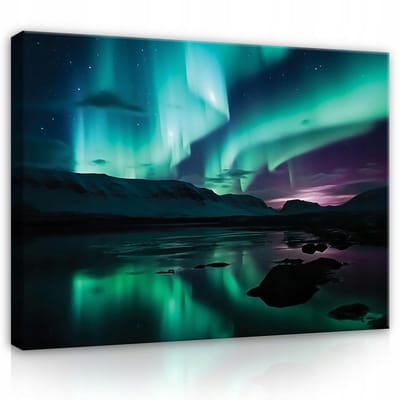 WALLARENA - Canvas schilderij - 100x70 cm - afbeelding van het noorderlicht boven bergen, perfect voor slaapkamer of woonkamer