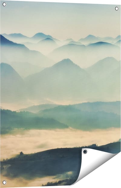 Gards Tuinposter Heuvel Landschap tijdens de Mist - 60x80 cm - Tuindoek - Tuindecoratie - Wanddecoratie buiten - Tuinschilderij