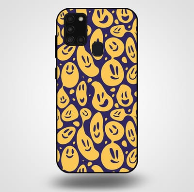 Smartphonica Telefoonhoesje voor Samsung Galaxy A21s met smiley opdruk - TPU backcover case emoji design - Paars Geel geschikt voor Samsung Galaxy A21s