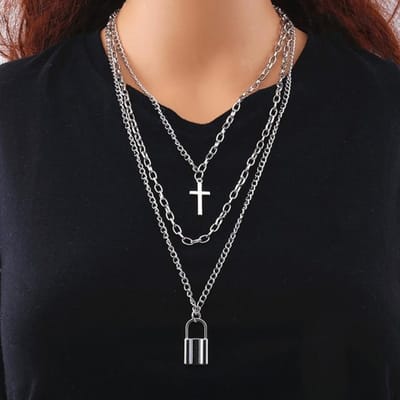 Meerlaagse Ketting Necklace Voor Vrouwen Mannen Lang Hip Hop Punk Kruis Hanger Ketting Roestvrij Staal Bedeltje Zilverkleurig Sieraden Cadeau