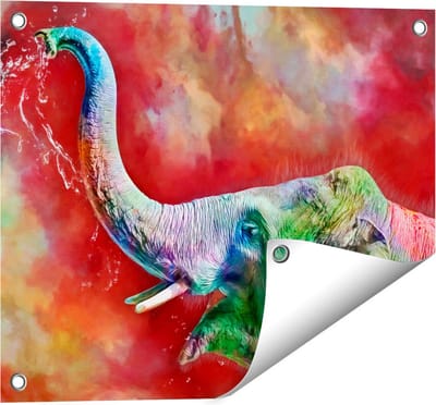 Gards Tuinposter Getekende Vrolijke Olifant - Abstract - 50x40 cm - Tuindoek - Tuindecoratie - Wanddecoratie buiten - Tuinschilderij