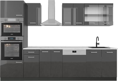 Vicco R-Line Complete keukeneenheid – 300 cm met hoge kast, WB Marmer Antraciet hoogglans/antraciet