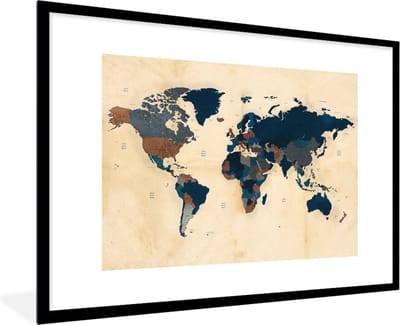 Poster in fotolijst kinderen - Wereldkaart - Vintage - Papyrus - Kinderen - Jongens - Meisjes - Kinderkamer decoratie - 120x80 cm - Poster kinderkamer - Schilderij voor kinderen