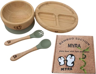 MYRA Babyvoedingsset Bamboe borden, kommen, lepels en vorken voor LED-voeding | Borden en kommen met zuignappen voor baby's vanaf 6 maanden-Groen. MYRA Ensemble d'alimentation bébé Assiettes,bols,cuillères et fourchettes en bambou alimentation LED.