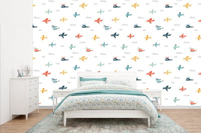 Behang - Fotobehang Patronen - Helicopter - Vliegtuig - Jongens - Kinderen - Kids - Breedte 385 cm x hoogte 240 cm