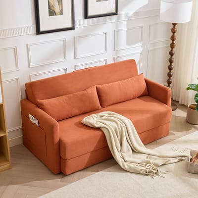 OKWISH Slaapbank 165 X 92 X 82 Cm - 2 In 1 Opvouwbaar Voor Klein Wonen - Met Lendenkussens En Zijvakken - Cordstof - Oranje
