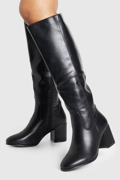 boohoo Dames Brede pasvorm lage block basic instapkniehoge laarzen | Zwart | Maat: 37