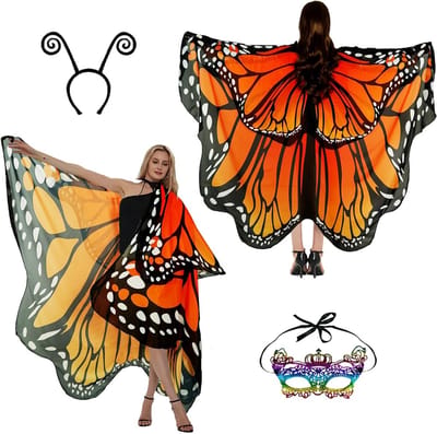 Vrouwelijk vlinder kostuum met vleugels, cape en accessoires voor carnaval en feesten, inclusief gezichtsmasker en antennes