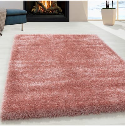 Modern, zacht, hoogpolig vloerkleed met 50 mm lange pool in roze. 120 cm rond