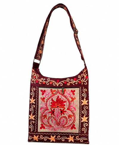 N3 Collecties Schoudertas met Suede Handgemaakte etnisch geborduurde patroon-Bruin/Rood