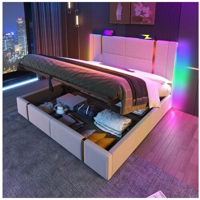 Merax Opbergbed 180 x 200 cm met hoofdeinde - USB- en Type-C-aansluitingen - LED's - Linnenstof - Beige (zonder matras)
