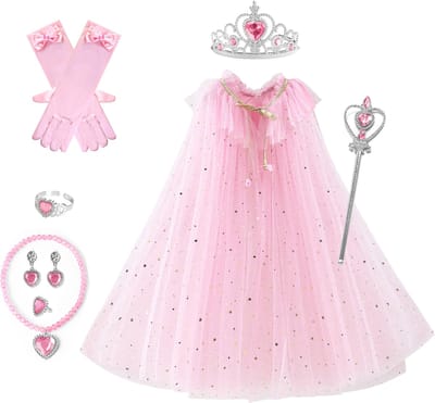 Joya Kids® Verkleedcape met Accessoires Roze | Prinsessencape | Cape Set | Unicorn | Meisje Verkleedset | Carnvalskleding Meisjes | Met Kroon, Staf, Handschoenen en Sieradenset