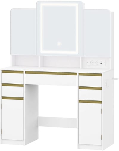 Dressing Table – Voor Slaapkamer en Make-up – Kaptafel met Drie Spiegel, Lade- en Opbergvakken – Wit / Modern