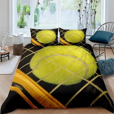 Dekbedovertrekset met tennisbaanprint, Dekbedovertrek met sportspelthema voor jongens, Gele tennisracket sportuitrusting beddengoedset 173x218cm 3pcs