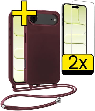 Hoesje Geschikt voor iPhone Air Hoesje Met Koord Met 2x Screenprotector Siliconen Case - Hoes Geschikt voor iPhone Air Backcover Met Afneembaar Koord - Aubergine