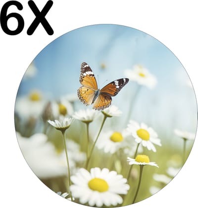 Luxe Ronde Placemat - Oranje Vlinder op Witte Bloemen - Set van 6 Placemats - 50x50 cm - 2 mm dik Vinyl - Anti Slip - Afneembaar