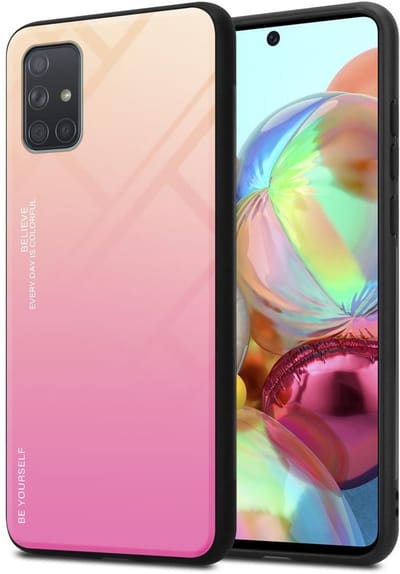 Cadorabo Hoesje geschikt voor Samsung Galaxy A71 4G in GEEL - ROZE - Tweekleurige beschermhoes van TPU-silicone Case Cover en achterzijde van gehard glas