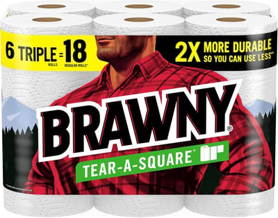 Brawny Tear-A-Square papieren handdoeken, 6 drievoudige rollen = 18 gewone rollen, 3 velformaten (kwart, half, vol), sterkte voor alle rommel, opruimen en maaltijdbereiding
