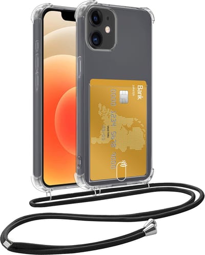 Hoesje Geschikt voor iPhone 12 Telefoonhoesje Met Koord Case Pashouder Siliconen - Hoes Geschikt voor iPhone 12 Hoesje Met Kaarthouder - Transparant