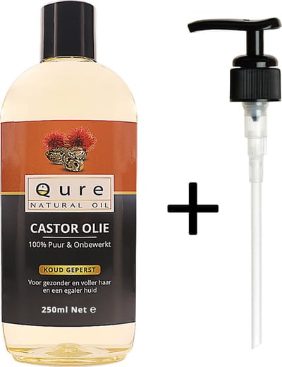 Castor Olie 250ml + Pompje | Biologisch | 100% Puur & Onbewerkt | Wonderolie | Castorolie, Ricinusolie | Food-Grade Kwaliteit | Koudgeperste Castor Oil voor Haar, Huid, Wenkbrauw en Wimpers | Huidolie | Haarolie