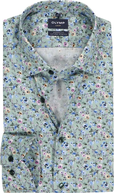 OLYMP Luxor modern fit overhemd - dobby - groen met blauw en roze bloemetjes dessin - Strijkvrij - Boordmaat: 46 (EU maat: XXL)