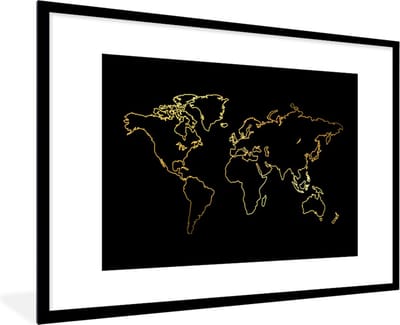 Poster in lijst - Fotolijst 120x80 cm - Posters - Gouden wereldkaart op een zwarte achtergrond - Posterlijst zwart - Decoratie - Wanddecoratie woonkamer - Muurdecoratie slaapkamer