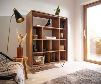 Boekenkast Stonegrace 120x150 acacia natuur 12 vakken steen fineer V-voet