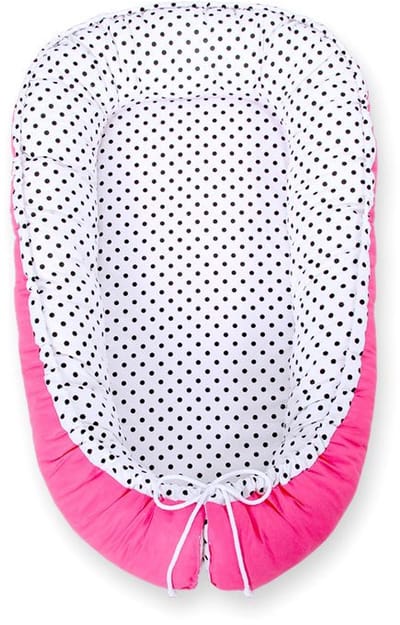 Babynest dubbelzijdig Premium Cocoon voor baby's BOBONO- zwarte stippen/ donkerroze