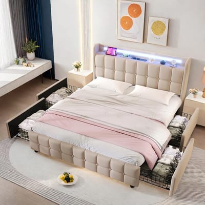 LED Bedframe 160x200 met Opbergladen en USB-Aansluiting