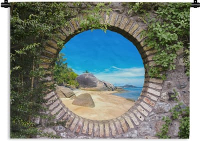 Wandkleed - Wanddoek - Zomer - Strand - Doorkijk - Tropical - 120x90 cm - Wandtapijt