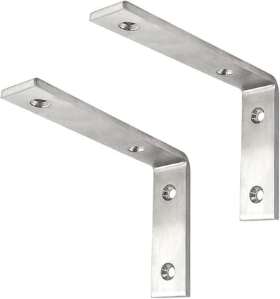 Twee L-vormige plankdragers, ijzeren plankdragers, planksteunen met schroeven (zilver, 145 mm breed, 30 mm dik, 5 mm diep)